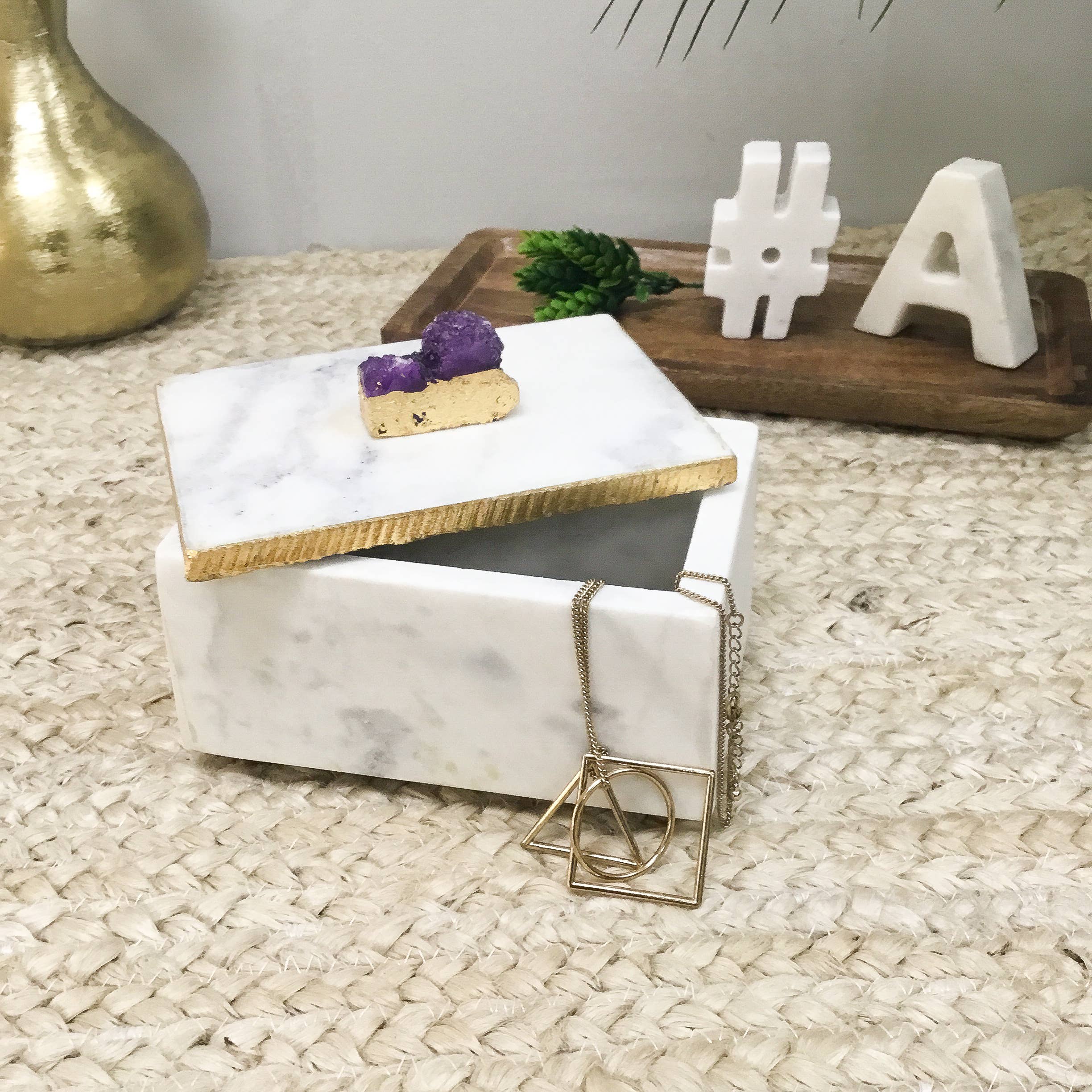 Classic Touch White Marble Decorative Box W/ Gold Hexagon Design On cover