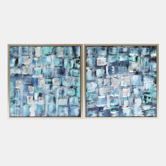 Set of 2 Blue and Silver Abstract Square Oil Painting Framed Wall Art 25.6" x 25.6"