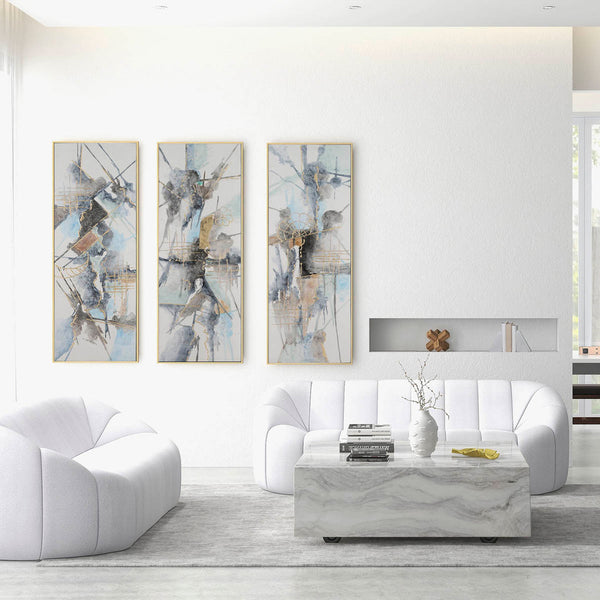 Modern Large Set of Three, Abstract Design, Canvas and Pine Wood, Multi-Colored, Contemporary Wall Art