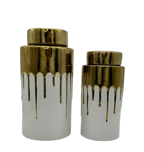 White Jar with Gold Cover and Drip Design (2 Sizes)