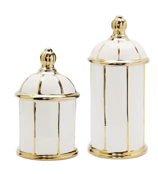 White Jar with Round Dome Cover Thin Gold Stripe Design (2 Sizes)