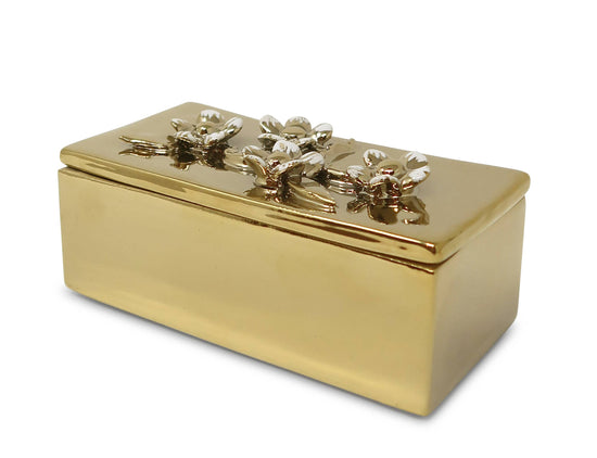 Oblong Gold Decorative Box With Flower Design Lid: Flower
