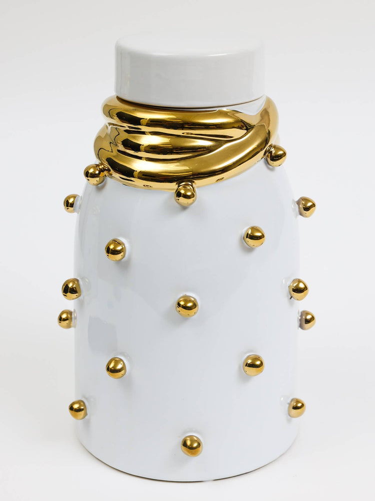 White Ceramic Jar with Gold Elegant Detail and Studded