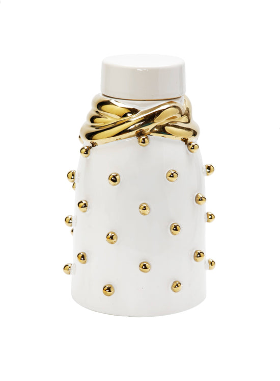 White Ceramic Jar with Gold Elegant Detail and Studded