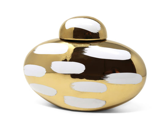 Gold Decorative Jar with White Brushstroke Design
