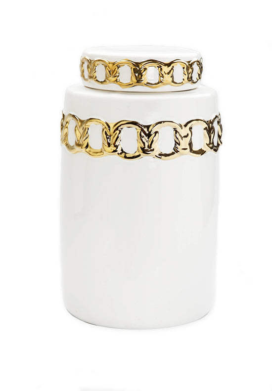 White Ceramic Lidded Jar with Gold Chain Design on Top